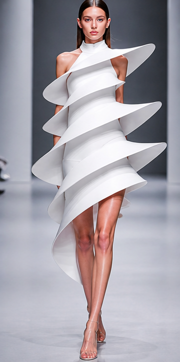 A futuristic white runway dress.